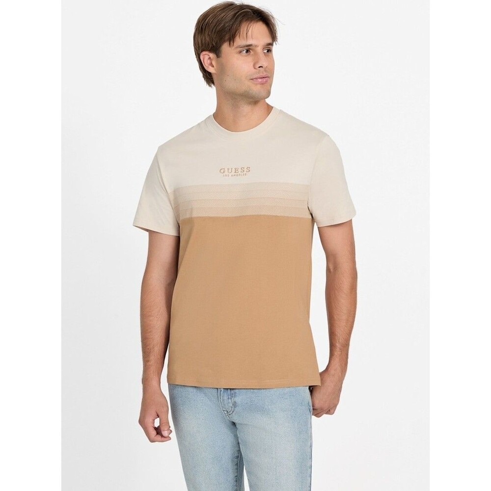 GUESS Los Angeles Rami Colored Block Striped Beige Short Sleeve XL 100% Cotton